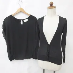 シュガーローズ Sugar Rose カーディガン ブラウス 2枚セット 長袖 半袖 Vネック 丸首 シフォン 黒 ブラック Fのサムネイル