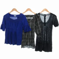 エル ELLE トップス 3点セット まとめ サマーニット ブラウス チュニック チェック 無地 38 青系 グレー系 /UO ■FFのサムネイル