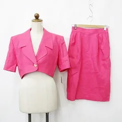 イヴサンローラン YVES SAINT LAURENT スーツ スカートスーツ テーラージャケット 半袖 ショート タイト ロング レトロ 麻 ピンク 9A3のサムネイル