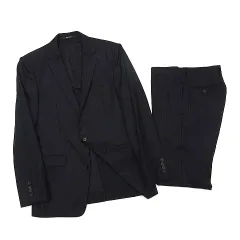 コムサメン COMME CA MEN ウール シルク スーツ セットアップ ヘリンボーン ストライプ 2B ジャケット パンツ 紺 ネイビー 46のサムネイル