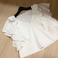 ハンサム クラブモナコ エンブロイダリー レース フリル トップス 白 シャカシャカ素材 コットン クロップド Vネック 半袖 フリル エンブロイダリー 夏 ブラウスのサムネイル