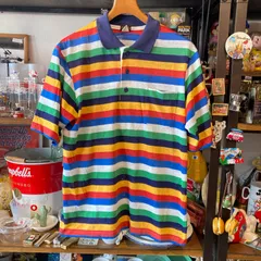 MP484) 90's Wrangler マルチカラー ボーダー ポロシャツ Lサイズ 古着 現状品 / ラングラー 夏物 夏服 メンズ 半袖のサムネイル