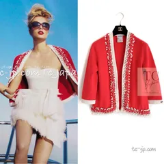 シャネル カーディガン CHANEL レッド 豪華 パールトリム サマー 春夏 カシミア100% ニット ジャケット カールラガーフェルド 超美品 38 40のサムネイル