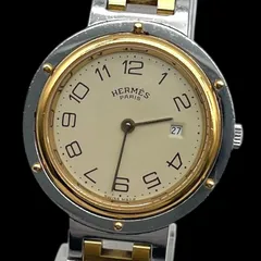 新品電池 稼働品 HERMES エルメス クリッパー 腕時計 クォーツ QZ 2針 コンビ アイボリー文字盤 ゴールド シルバー ヴィンテージ ボーイズサイズ 男女兼用のサムネイル