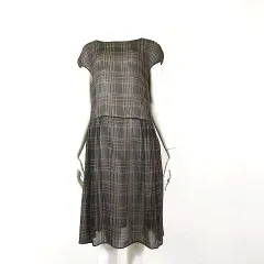 マーガレットハウエル MARGARET HOWELL ワンピース シアー シルク チェック フレア ひざ丈 フレンチスリーブ 半袖 M 2 茶 ブラウン ベージュのサムネイル