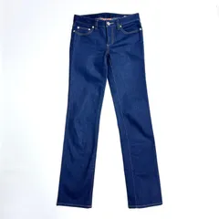 kS81 未使用級 TORY BURCH ダブルTロゴ デニムパンツ ストレート 本革 レザーパッチ スタッズ ロゴ 金具 濃紺 ブルー トリーバーチのサムネイル