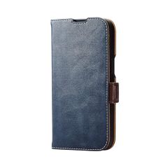 ☆신품☆에레콤 iPhone15 케이스 수첩형 레더 가죽 마그넷 개폐 카드 포켓×2 스탠드 기능 스트랩 홀 첨부 네이비 PM-A23APLFYNV