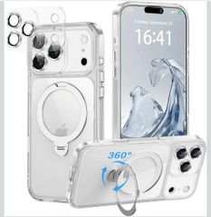 iPhone 17 Pro용 케이스 [극한의 투명감과 보호력] 4in1 카메라 보호 일체/MagSafe 대응/360도 회전 스탠드/스트랩 홀 구멍 부착 종횡 양 대응 황변 방지(클리어, iPhone17 Pro)