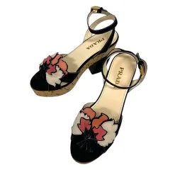 プラダ PRADA サンダル チャンキーヒール フラワーモチーフ 厚底 スエード コルク 34 黒 ブラックのサムネイル