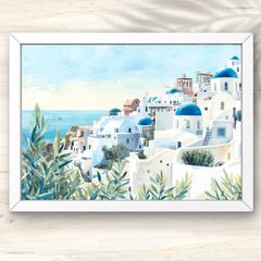 A4 ギリシャ・ミコノス島の美しい街並みとエーゲ海 インテリアアート