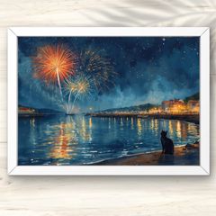 A4 水辺に映る夏花火と見上げる猫の夜景 水彩画アート インテリア
