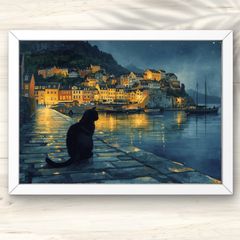 い*ー様 水彩画　海育ちの猫達〜漁港の夜　絵画原画 A4 港町の灯りと黒猫の静かな夜 水彩風景画アート インテリアポスター