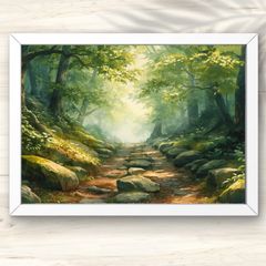 A4 木漏れ日の森の小道｜幻想的 水彩×水墨画アート 自然、風景画