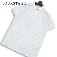 TOURSTAGE ツアーステージ ゴルフ 春夏★ 半袖 ストライプ 総柄 ロゴ刺繍 ボタンダウン ポロシャツ Sz.L メンズ 白のサムネイル