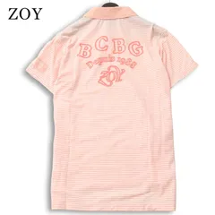ZOY ゾーイ ゴルフ 春夏★ 半袖 鹿の子 ロゴ刺繍 ワッペン プリント ボーダー ポロシャツ 日本製 Sz.3 メンズのサムネイル