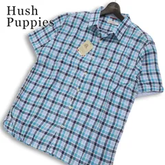 【新品 未使用】 Hush Puppies ハッシュパピー 麻100％ リネン 半袖 チェック ロゴ刺繍 シャツ 大きいサイズ Sz.LL メンズのサムネイル