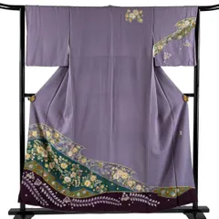 訪問着 身丈156.5cm 裄丈64cm M 袷 翠山工房 落款 辻ヶ花 市松 染め分け 紫 正絹 名品 【中古】のサムネイル