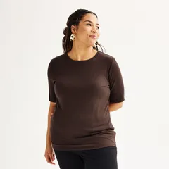 ナインウェスト レディース トップス Tシャツ プラスサイズ Plusize Nine West Fitted Elbow Sleeve Top Chocolate Brown ブラウンのサムネイル
