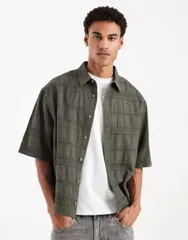 エイソス メンズ トップス シャツ ASOS DESIGN boxy oversized shirt with textured checkhaki カーキのサムネイル