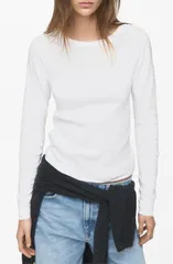 マンゴ レディース トップス Tシャツ コットン MANGO Long Sleeve Cotton Rib TShirt White ホワイトのサムネイル