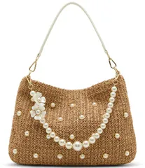 ベッツィジョンソン レディース バッグ Betsey Johnson Straw Pearl Hobo Bag Natural パールのサムネイル
