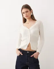 マンゴ レディース アウター カーディガン Vネック レース Mango Vneck cardigan with delicate lace in cream クリームのサムネイル