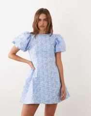 シスタージュン レディース トップス ワンピース フラワー柄 ミニ フラワー Sister Jane Bilberry jacquard round neck puff sleeve mini dreのサムネイル