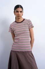 トップショップ レディース トップス シャツ コットン Topshop Stripe Short Sleeve Stretch Cotton Rib TShirt Pink Multi ピンクのサムネイル