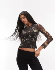 オールセインツ レディース トップス シャツ フラワー柄 メッシュ フラワー AllSaints ellie mesh long sleeve floral top black ブラックのサムネイル