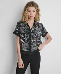 ダナ キャラン ニューヨーク レディース トップス シャツ プリント 半袖 DKNY Womens Printed ShortSleeve Camp Shirt New York Toile Blacのサムネイル