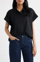 スパンク レディース トップス シャツ コットン SPANX Oversize Short Sleeve Cotton ButtonUp Shirt CLASSIC BLACK ブラックのサムネイル