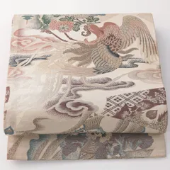 特価！アンティーク 丸帯 帯丈386cm 正絹 全通 花喰鳥 楼閣 ベージュ系 金系 1242-02424のサムネイル