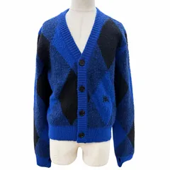 未使用品▼BURBERRY バーバリー 8077754 Argyle Check ウール100% アーガイル柄 Vネック カーディガン ブルー ブラック M 正規品 メンズのサムネイル
