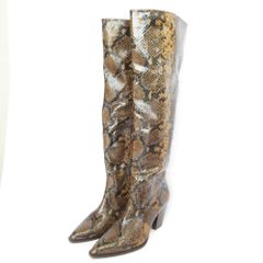 未使用 STUART WEITZMAN スチュアートワイツマン パイソン型押し レザー ロングブーツ 9.5 約26.5cm ブラウン レディース 古着 中古 USED