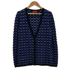 美品 MISSONI ミッソーニ フクレジャガード Vネック ニットカーディガン 42 ブルー ブラック レディース 古着 中古 USEDのサムネイル