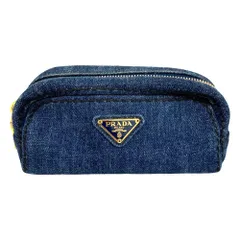 良品 PRADA プラダ ロゴプレート デニムポーチ コスメポーチ インディゴ レディース 古着 中古 USEDのサムネイル