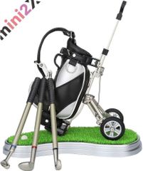 Golf Pen Holder Set of 3 - Golf Gift, Golf Tournament Prize, Award, Souvenir, Ballpoint Pen, Golf Bag Shaped Mini Desk Stand, Desk Decor, High-Quality PU Leather, Artificial Grass Base, Gift for Men, Bosses, Subordinates, Golf Lovers, Stationery, Fun, Free Shipping