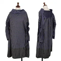 イッセイミヤケISSEY MIYAKE サイドプリーツチェックチュニック 紺黒グレー2のサムネイル