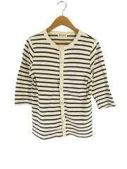 ビームスボーイ BEAMS BOY スウェット カーディガン 丸首 前開き ボタン 五分袖 ボーダー サイズBOY(F) 白 ネイビー バイカラー QQQのサムネイル