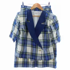 ハナエモリ HANAE MORI Boutique セットアップ 上下 テーラードジャケット 半袖 タイトスカート ミモレ丈 スリット 麻 リネン チェック 9A3 青 ブルー アウター ボトムス /AZのサムネイル