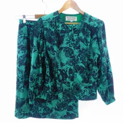 ハナエモリ HANAE MORI NEW YORK セットアップ ジャケット ノーカラー スカート タイト ミモレ丈 バックファスナー 総柄 9A3 緑 黒 グリーン ブラックトップス ボトムス /AZのサムネイル