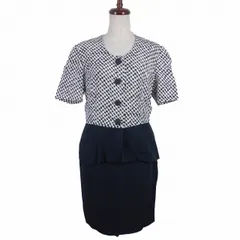 ハナエモリ HANAE MORI Boutique セットアップ 上下 ジャケット ノーカラー 半袖 スカート タイト ひざ丈 ペプラム 総柄 9A3 黒 白 ブラック ホワイト アウター ボトムス /AZのサムネイル