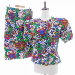 ハナエモリ HANAE MORI Boutique セットアップ 上下 ジャケット ノーカラー 半袖 スカート タイト ひざ丈 総柄 9A3 緑 グリーン アウター ボトムス /AZのサムネイル