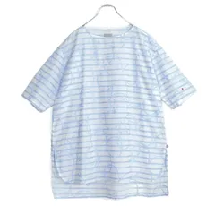 【美品】SOUSOU ソウソウ★YOUSOU 綿麻♪ゆったり半袖チュニック 白×青系 お花&ボーダー柄 薄手 z21180のサムネイル