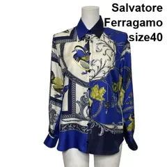 ●◆ サルヴァトーレフェラガモ Ferragamo 長袖シャツ ブラウス スカーフ柄 トップス 白 ブルー シルク100％ 40 L 11号 レディース S6I159のサムネイル