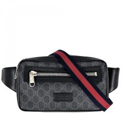 Gucci Men's Waist Bag, Belt Bag, Body Bag, Web Stripe, Small Size, GUCCI 474293, GG Supreme Canvas, Leather, Black, Silver Hardware [Pre-owned]