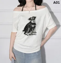 レディース 犬柄プリントワンショルダー半袖Tシャツ オフショルダー トップス ゆったり カットソー 夏服 カジュアル 大人可愛い 春夏のサムネイル