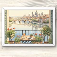0000840 A4 橋を望むテラス 淡い背景 水彩画 橋 インテリアアート