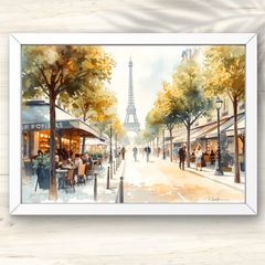 A1 パリの街角 カフェとエッフェル塔が彩る華やぎの風景画アート