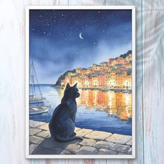 A4 港町の夜と黒猫が紡ぐ静寂の物語 水彩風アート ウォールアート